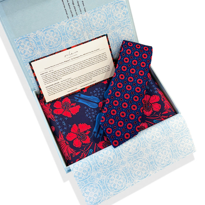 'KUEH TILE & SINGAPORE ORCHID' Silk Tie & Pocket Square Gift Set