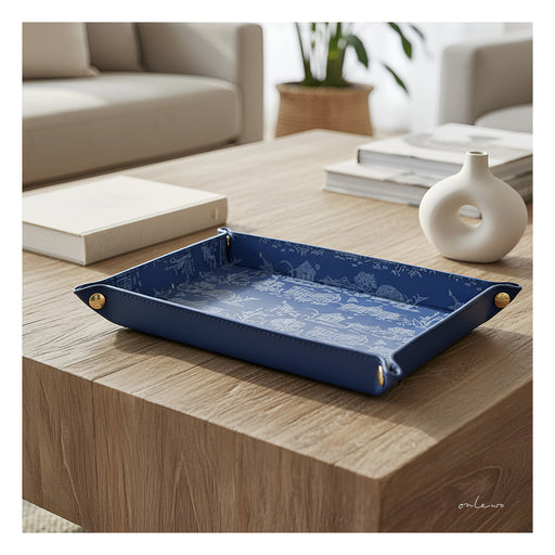 Onlewo 'City in the Garden' leather valet tray styled — elegant tropical Singapore cityscape on genuine leather, Singapore-designed corporate gift