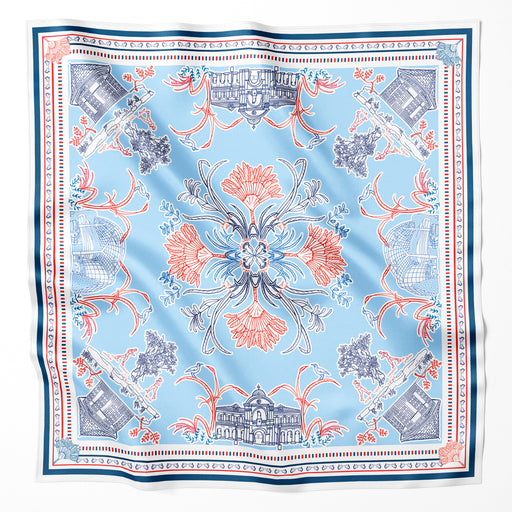 Onlewo 'City in the Garden' 90cm mulberry silk scarf — Singapore Botanic Gardens, ION Orchard and Orchard Road landmarks celebrating Singapore as a garden city