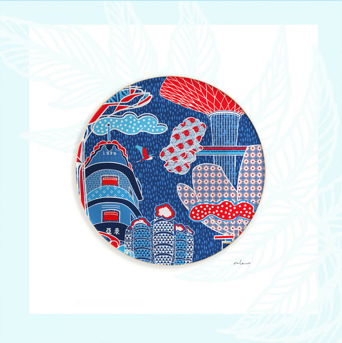 Onlewo 'Colourful Singapore' fine bone china plate — 18cm with 24k gold rim, vibrant avant-garde design celebrating Singapore's heritage and modernity by Mike Tay