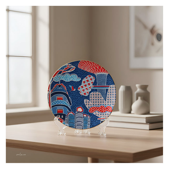 Onlewo 'Colourful Singapore' fine bone china plate detail — bold colourful illustration of Singapore landmarks, architecture and cultural icons