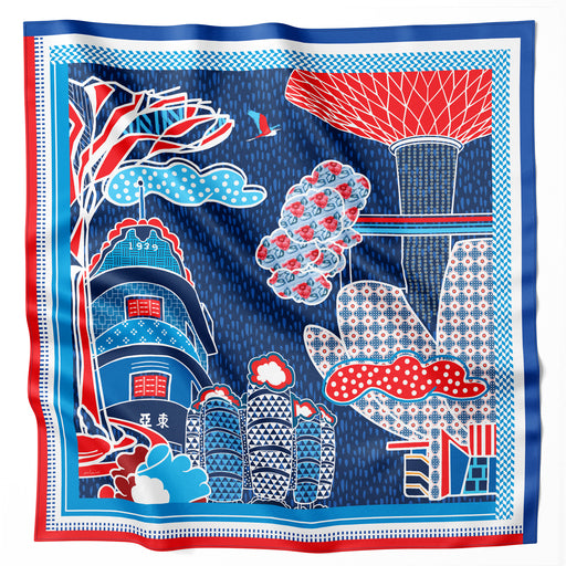 Onlewo 'Colourful Singapore' 90cm mulberry silk scarf — vibrant celebration of Singapore's heritage, nature and urban life in bold contemporary colours