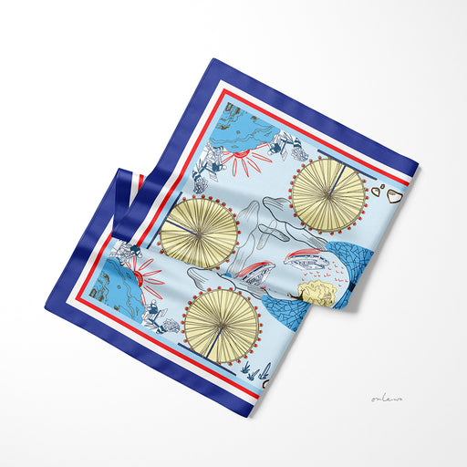 Onlewo 'Downtown' silk pocket square styled — Singapore downtown landmarks on 100% silk, 33cm x 33cm, designed in Singapore by Onlewo