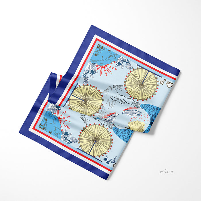 Onlewo 'Downtown' silk pocket square styled — Singapore downtown landmarks on 100% silk, 33cm x 33cm, designed in Singapore by Onlewo