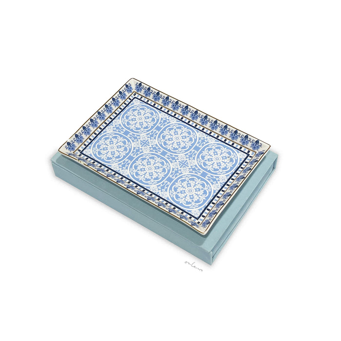Onlewo 'Heritage of Harmony' bone china tray — detailed view of Singa-flore and Peranakan Tile pattern, original Onlewo design blending Singapore flowers and heritage motifs