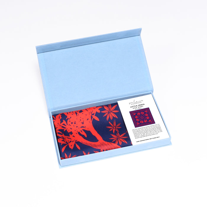 Onlewo 'Little India' silk scarf styled — colourful Indian cultural motifs and festive patterns, 100% mulberry silk, designed in Singapore by Onlewo