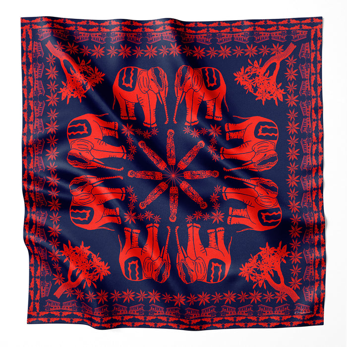 Onlewo 'Little India' 90cm mulberry silk scarf — vibrant celebration of Singapore's Little India district with saris, garlands and shophouse motifs, Singapore-designed gift