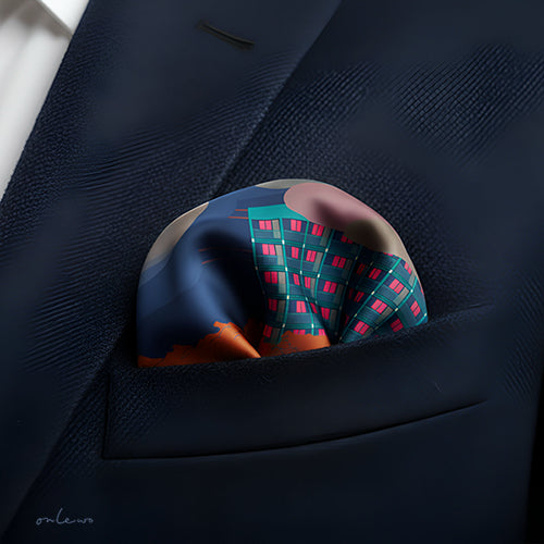 Onlewo 'My Home' silk pocket square detail — close-up of HDB flat motifs celebrating Singapore's housing journey and community life
