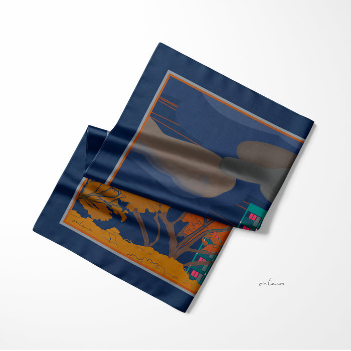 Onlewo 'My Home' silk pocket square styled — iconic Singapore HDB flat architectural patterns on 100% silk, 33cm x 33cm, designed in Singapore