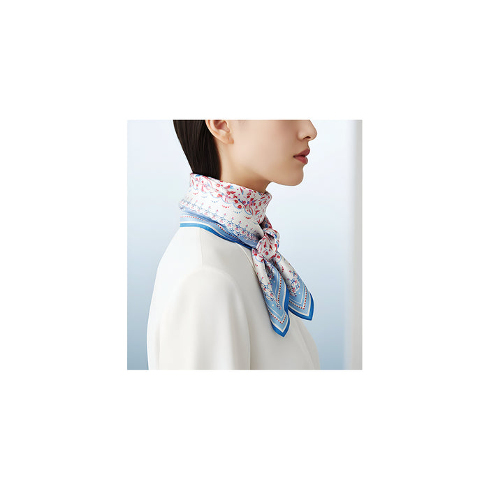 Onlewo 'Orchid Batik' silk scarf styled — dotted orchid pattern paying homage to canting batik technique, 100% mulberry silk, designed in Singapore