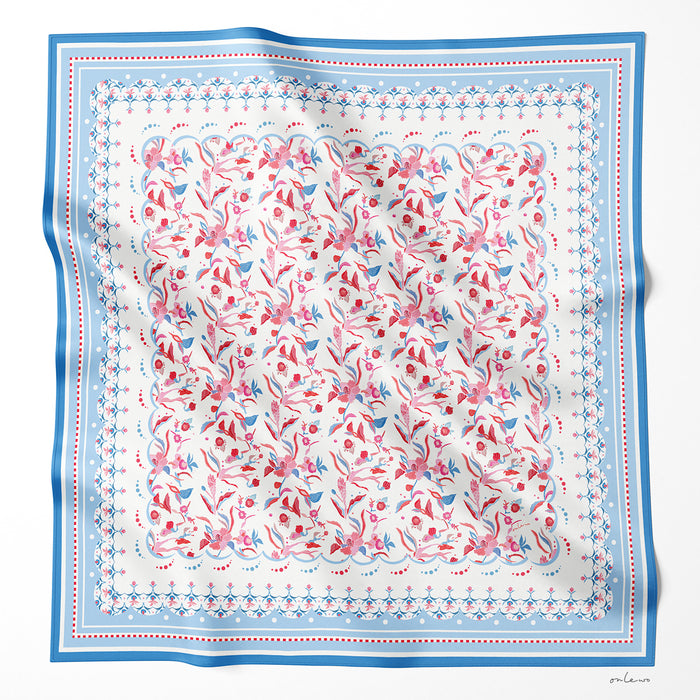 Onlewo 'Orchid Batik' 90cm mulberry silk scarf — rhythmic orchid garden pattern inspired by Batik textile tradition, Singapore-designed heritage gift