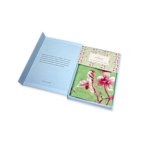 Onlewo 'Orchid Rhapsody' silk cotton scarf styled — colourful orchid pattern in rich contemporary colours, designed in Singapore by Onlewo