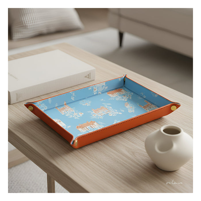 Onlewo 'Our Singapore Dream' leather valet tray styled — historic Telok Ayer district landmarks on genuine leather, Singapore-designed corporate gift by Onlewo