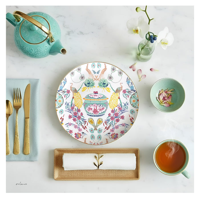 Onlewo 'Peranakan Story' bone china plate displayed on clear acrylic stand — colourful Peranakan cultural design, Singapore heritage gift