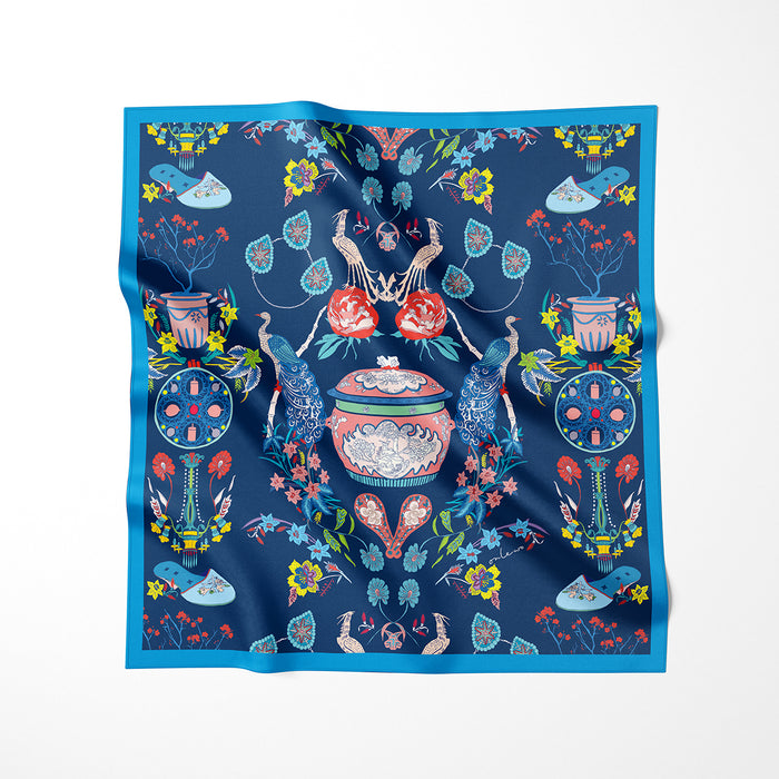 Onlewo 'Peranakan Story' 100% silk pocket square — Kamcheng, Kasut Manek and peacock motifs from Singapore Peranakan Museum archives, Singapore heritage gift