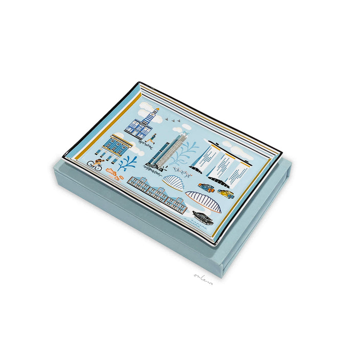 Onlewo 'Singapore River' bone china tray — detailed view of bumboats, riverside heritage buildings and Singapore River illustrations by Onlewo