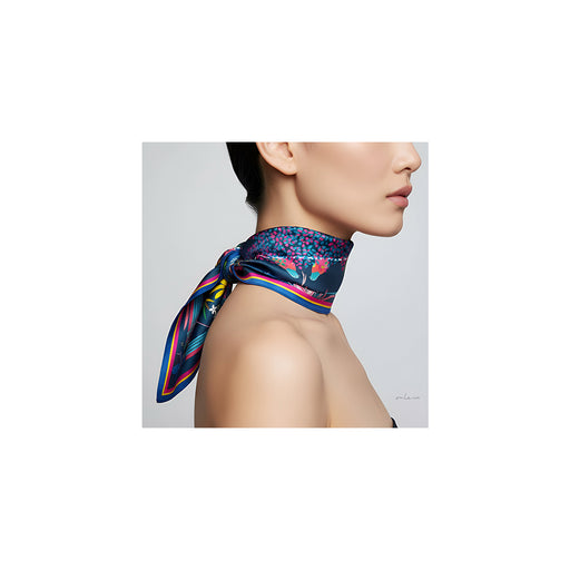 Onlewo 'Dazzling Singapore' silk scarf styled — Singapore Kopsia, Millenia excelsa and native flora pattern with Singapore-shaped white flowers, 100% mulberry silk